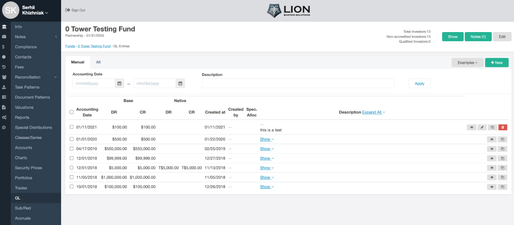 LION by Tower Fund Services GL entries